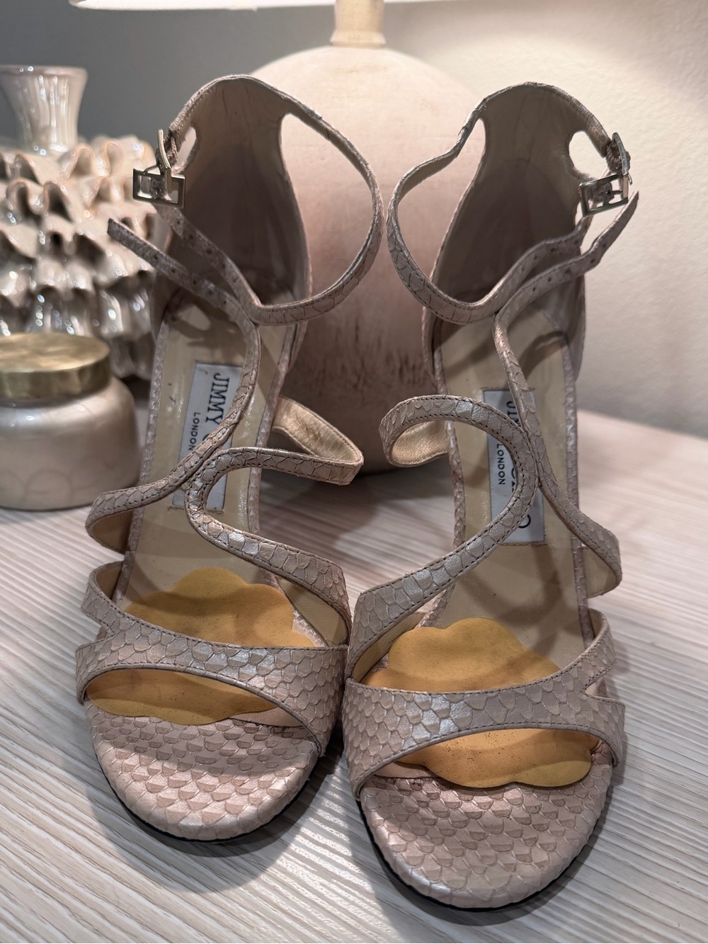 Jimmy Choo Cream Textured Leather Stiletto Sandals